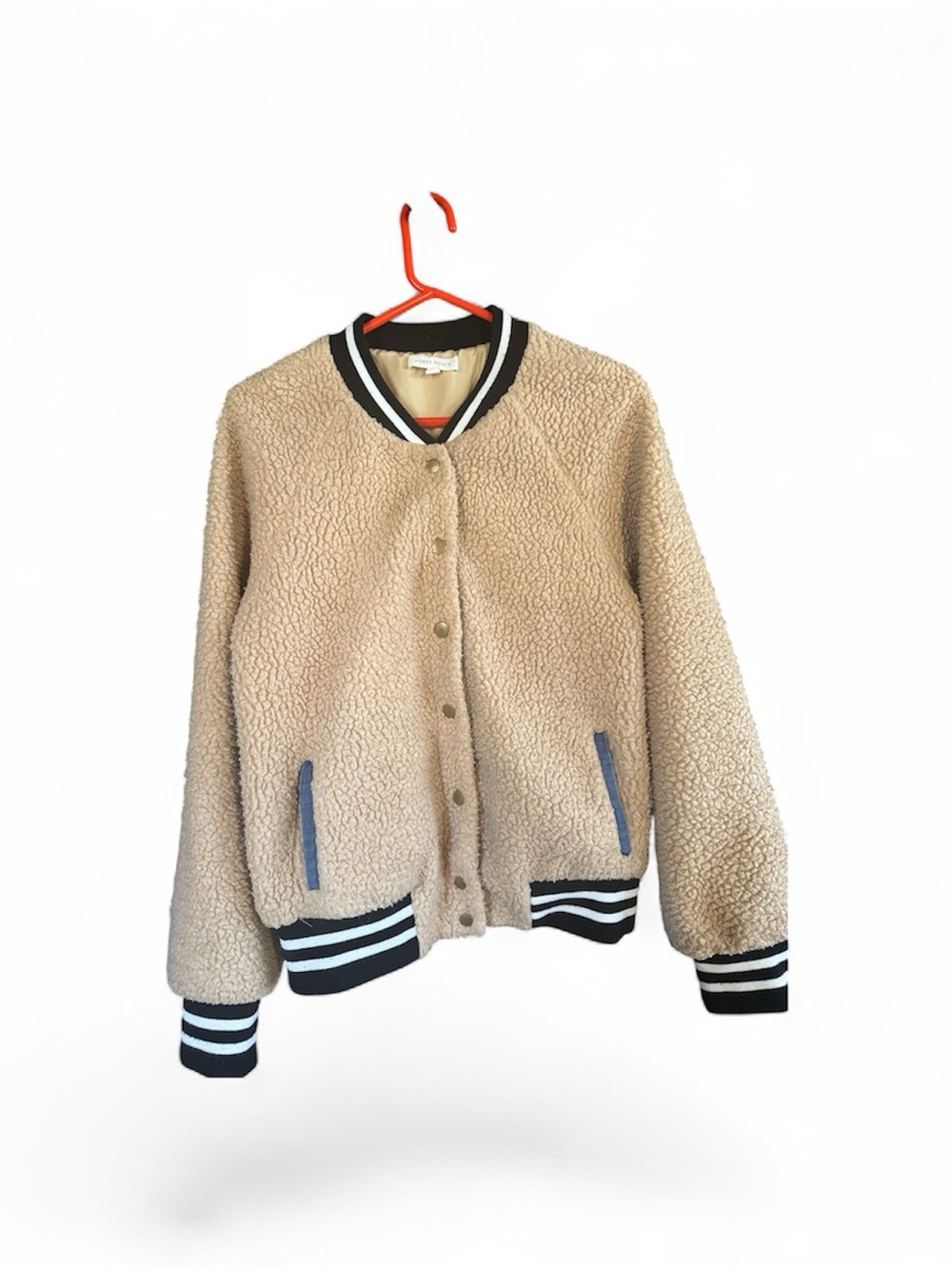 Honey Punch Tan Sherpa Bomber Jacket with Black-White Trim